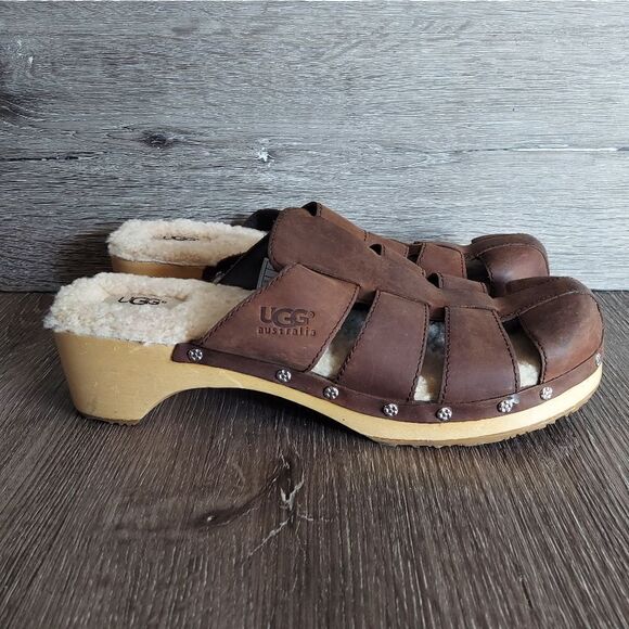 UGG Ore Wooden Leather Fisherman Clog Mule Sandals Women's Sz 11 Shearling Shoes - Picture 1 of 9